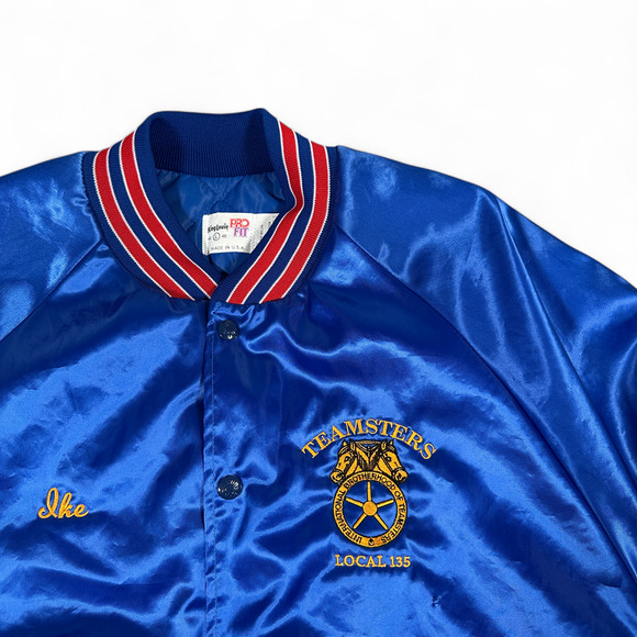Vintage Teamsters Jacket Adult LARGE Blue King Louie Satin Bomber Union Made 80s - Picture 2 of 10